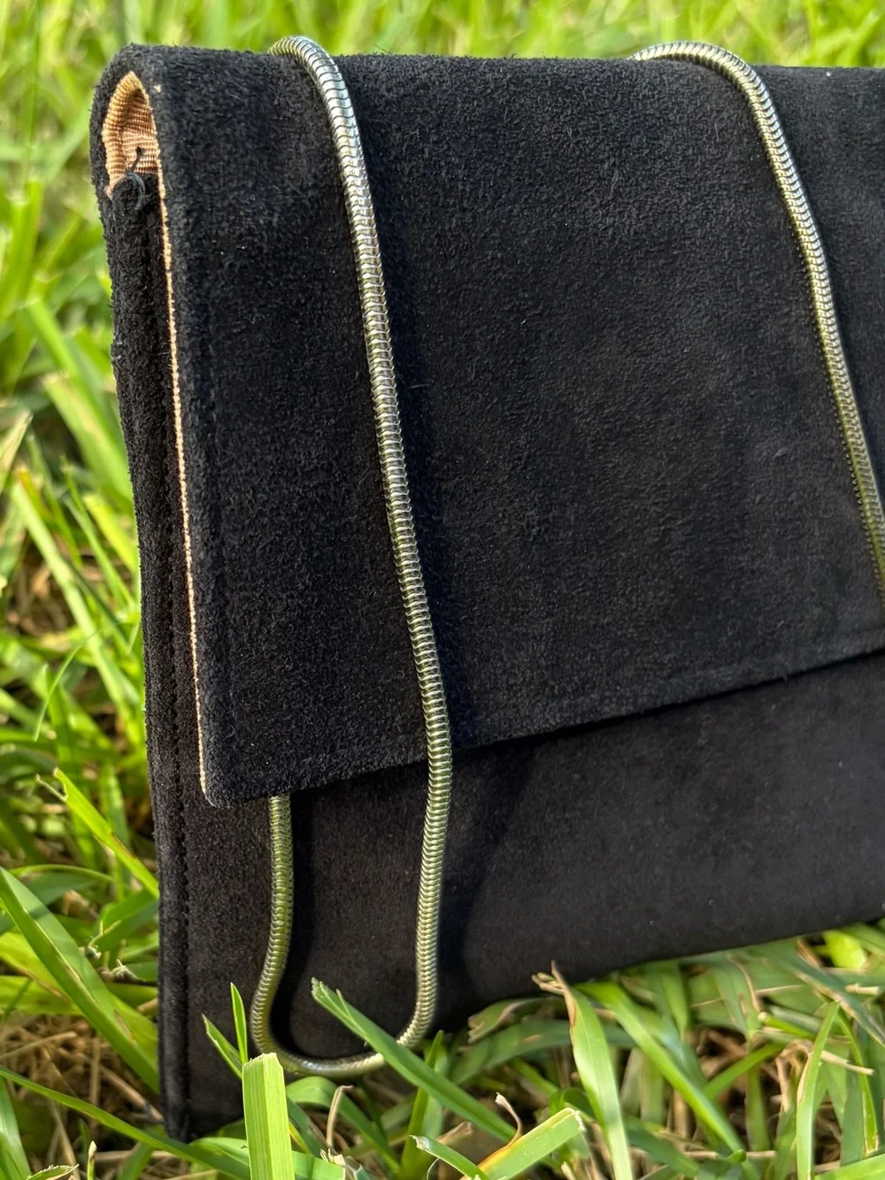 Vintage Black Suede Flap Clutch with Chain Strap